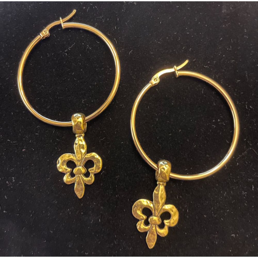 Gold Hoop Earrings with Fleur de Lis Hammered Gold Charms